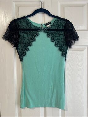 VENUS Mint Green Tee with Black Lace Yoke